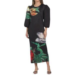 NANCY YANG Black Puff Sleeve Crinkled Floral Dress